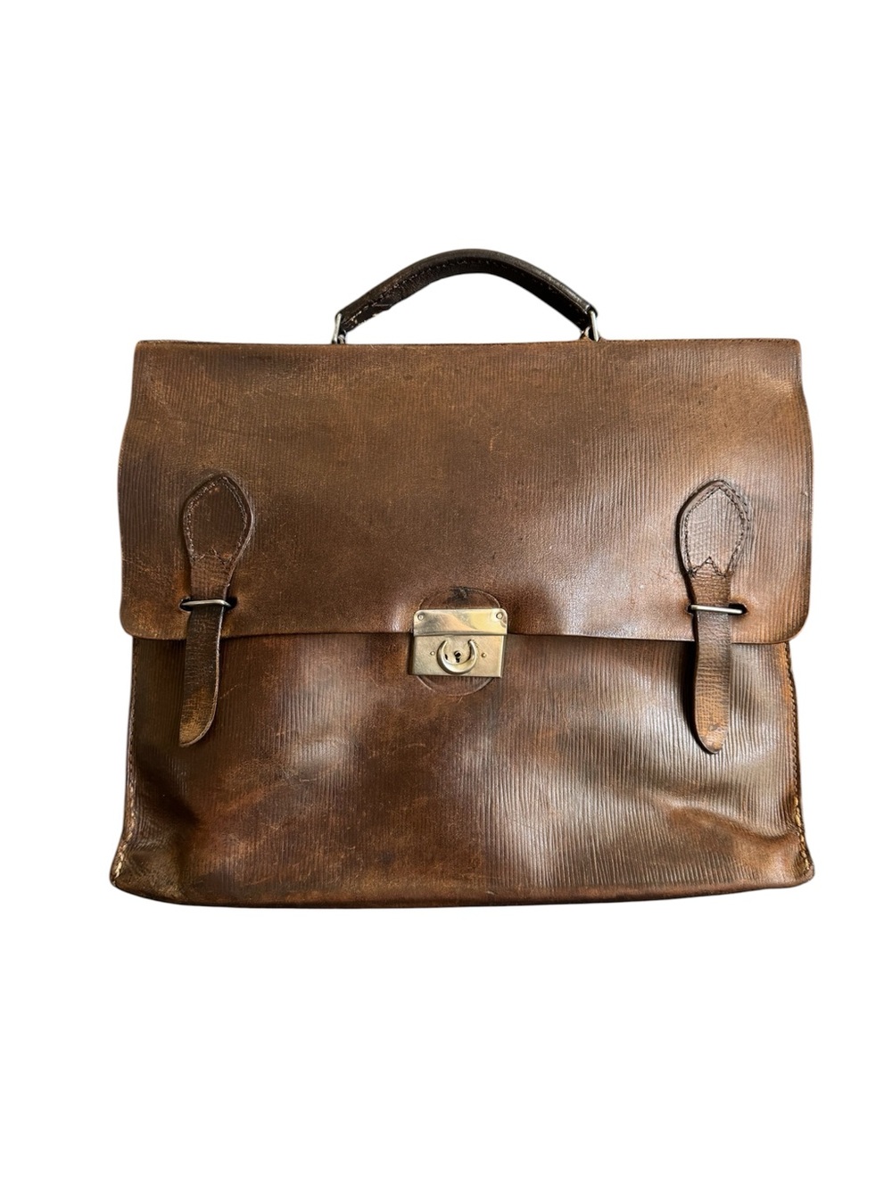 Vintage 1940s Briefcase French Attaché Case Dark Brown Ribbed Distressed Leather